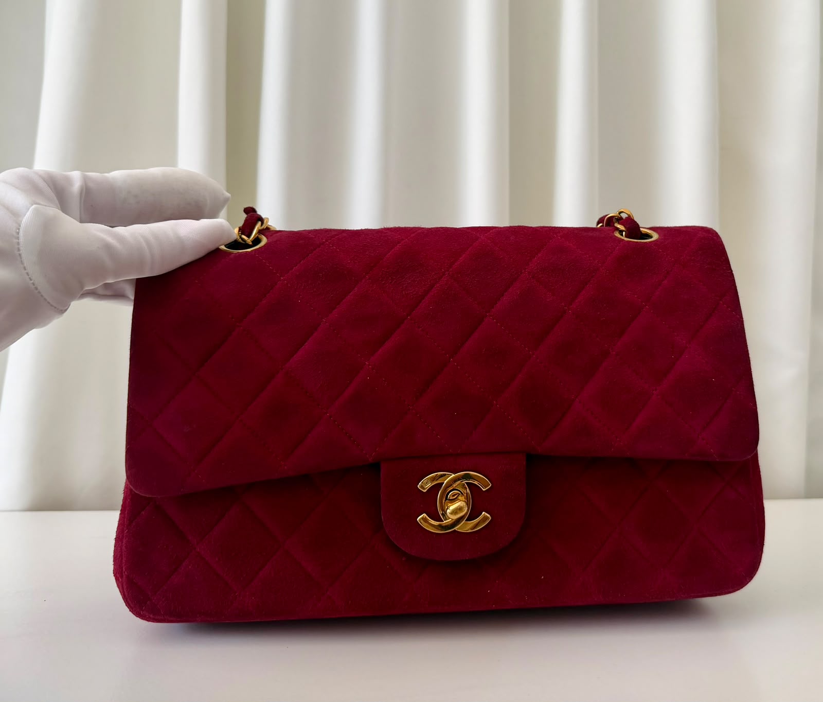Classic Double flap vintage en daim bordeaux