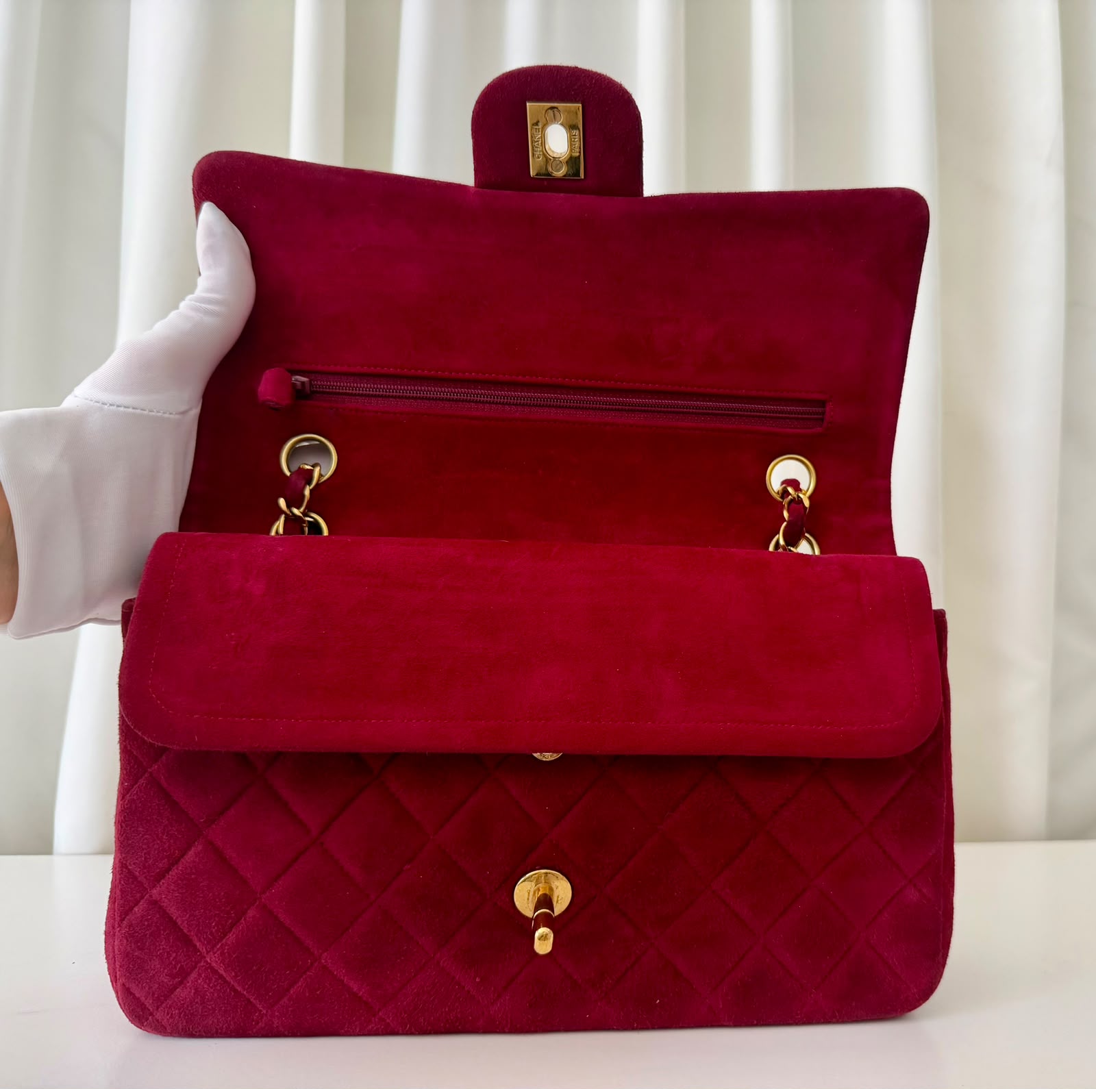 Classic Double flap vintage en daim bordeaux