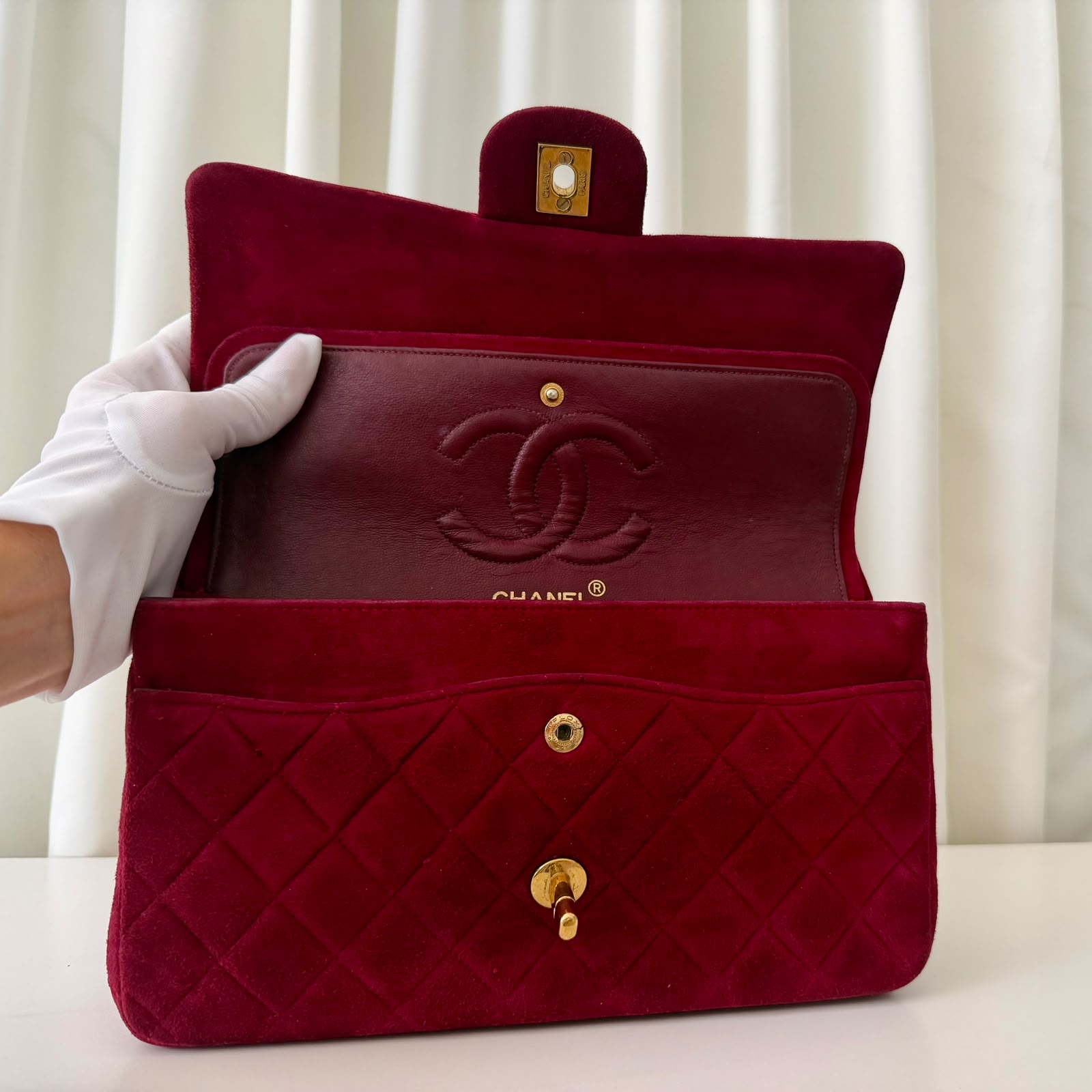 Classic Double flap vintage en daim bordeaux