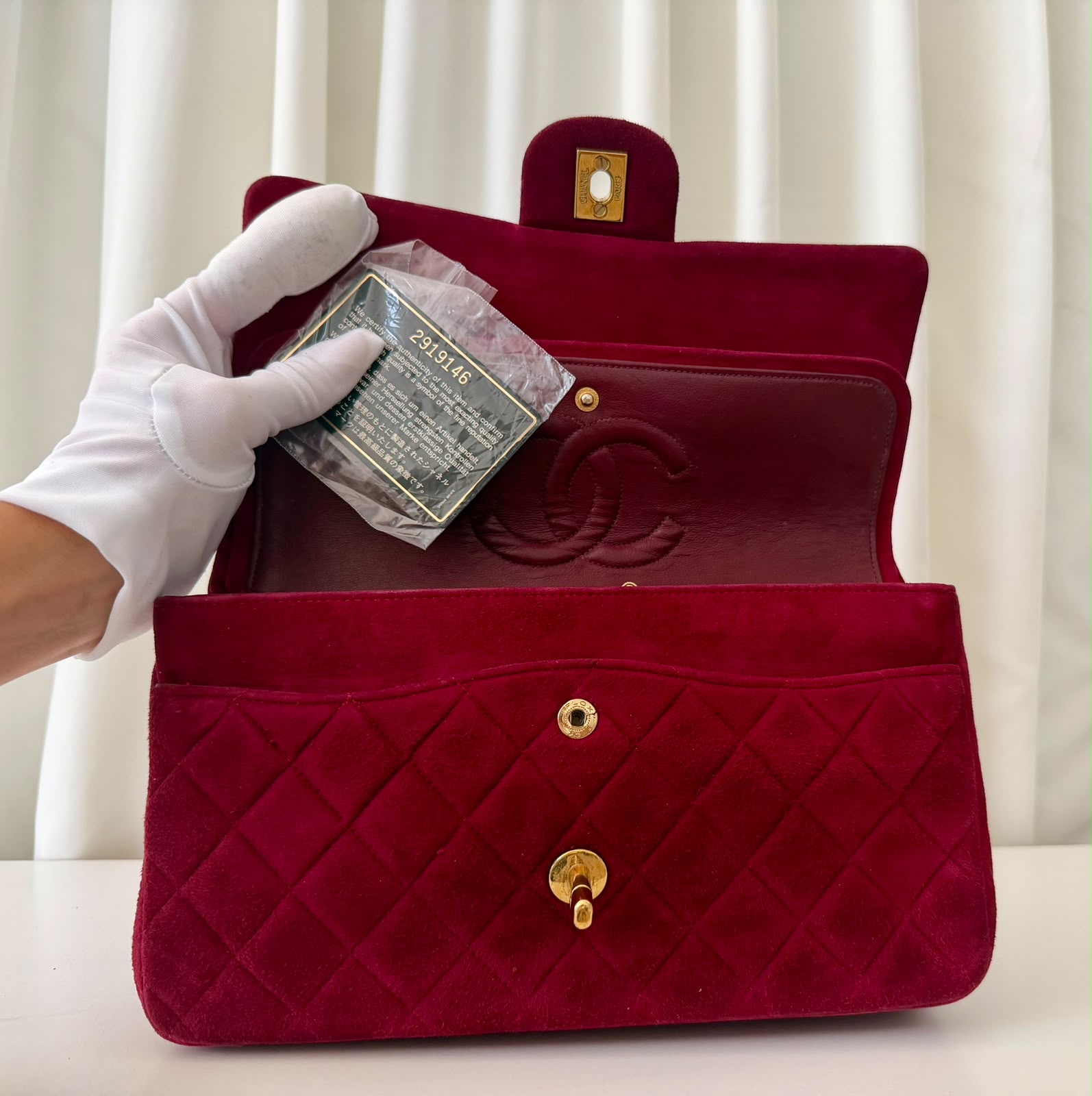 Classic Double flap vintage en daim bordeaux